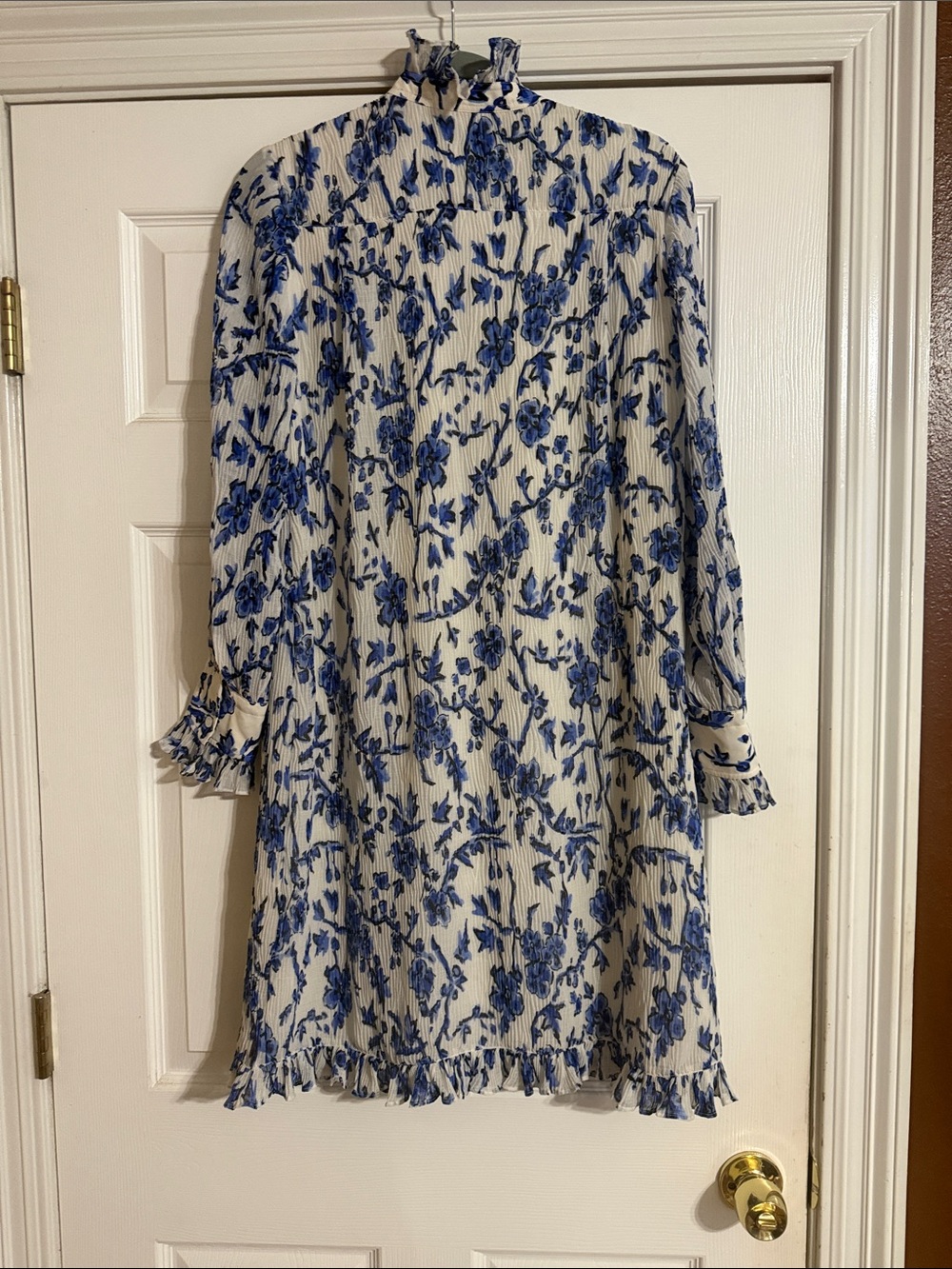 Tory Burch Cream and Blue Floral Ruffle Long-Sleeve Dress - Picture 3 of 4